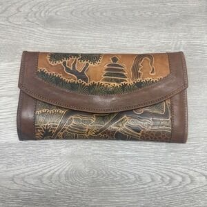 Vintage Handmade, hand-tooled brown leather clutch wallet Aztec Mayans Very Nice